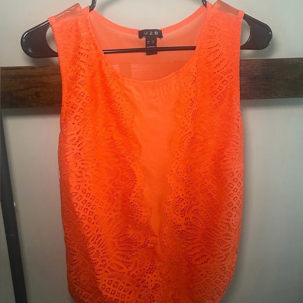 U2B 2X Neon Orange Lace Bodysuit Plus Size Sheer Detail Festival Bodycon